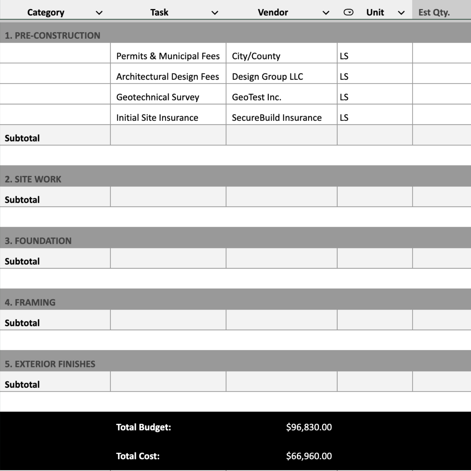 Construction Project Budget Template Preview